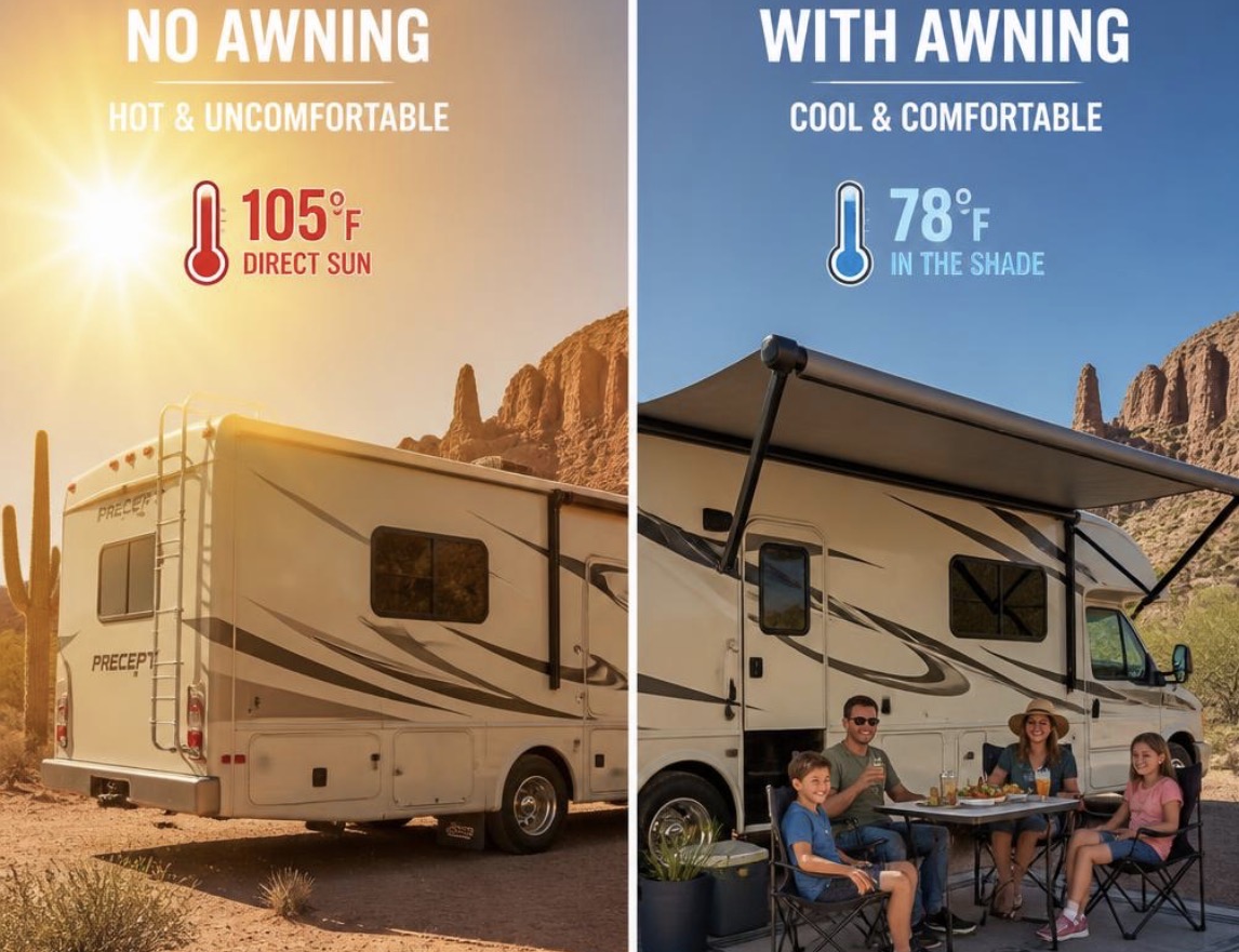 RV with and without awning showing 105°F direct sun versus 78°F in the shade comparison
